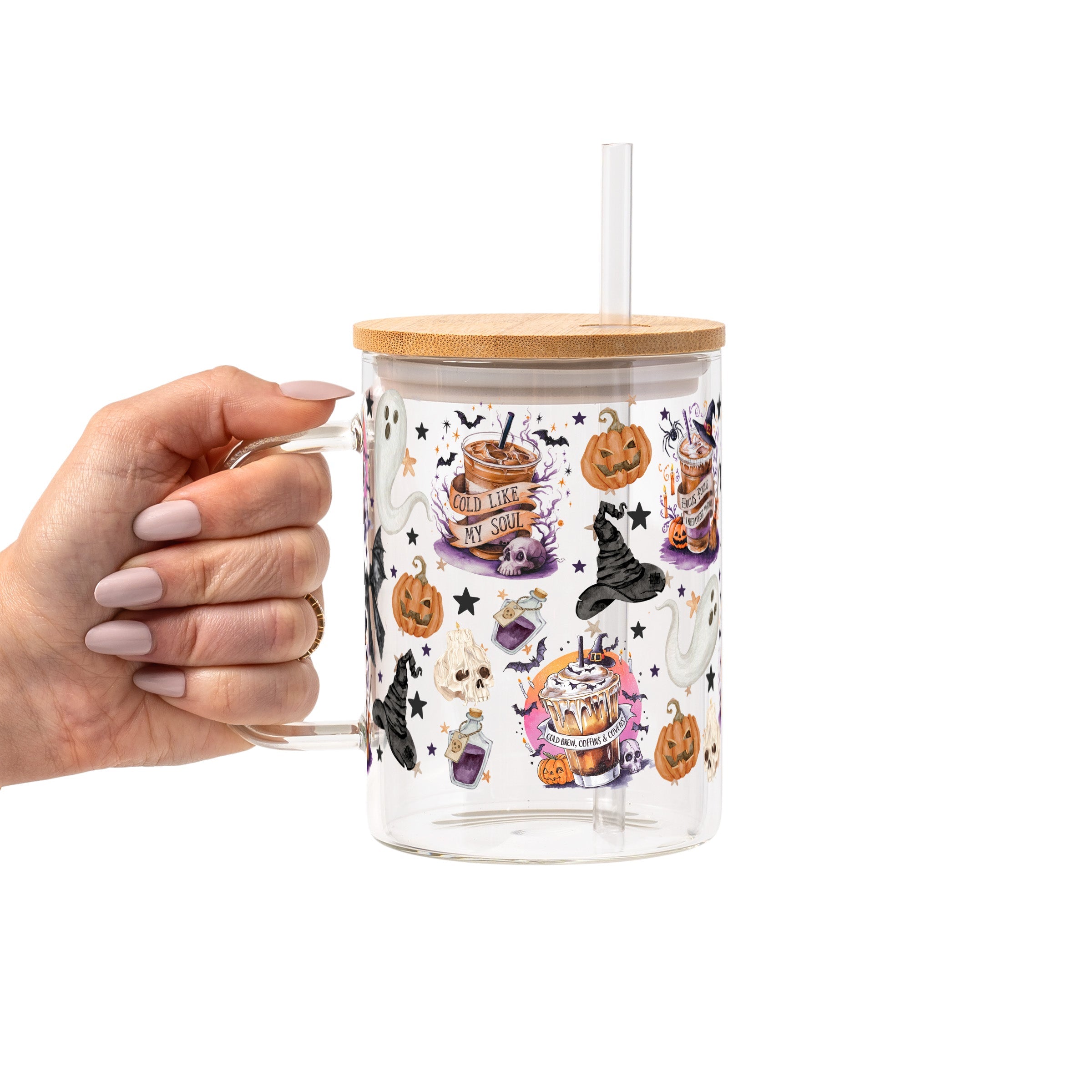 Halloween Fall Coffees Glass Cup, Mug & Tumbler with Lid and Straw