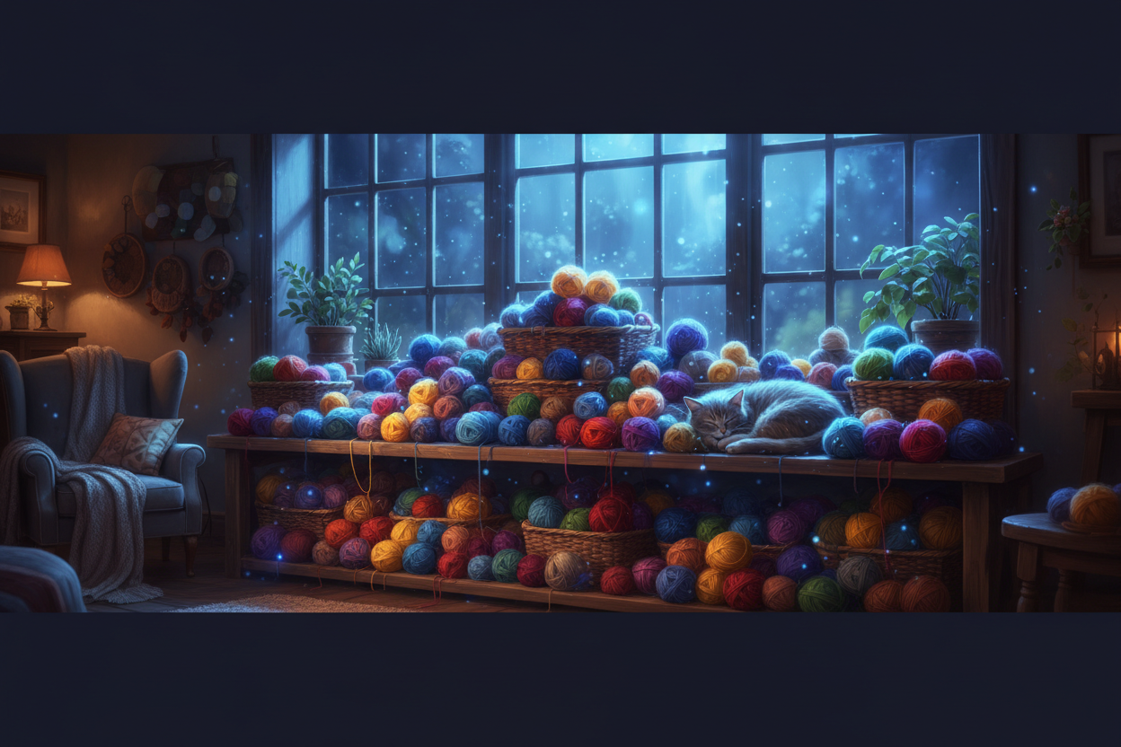 Cozy Moonlit Yarn Indoor Hero Background